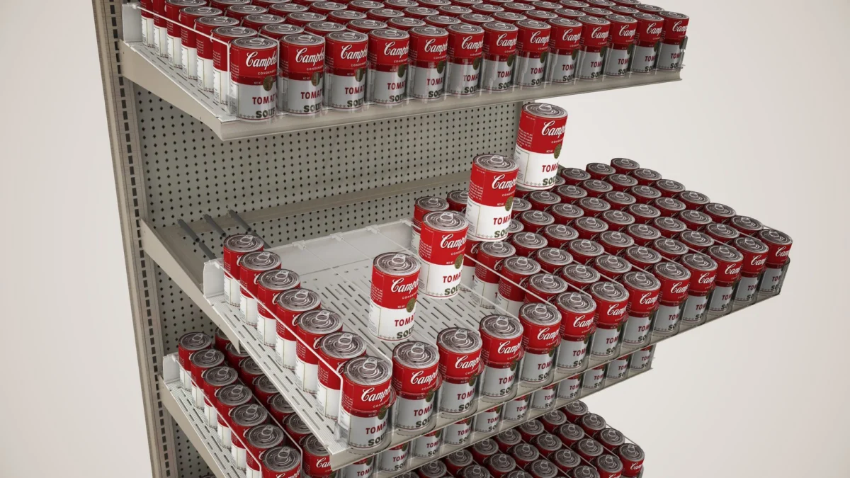 Pullout Shelf pulled forward from a gondola run, stocked with canned goods